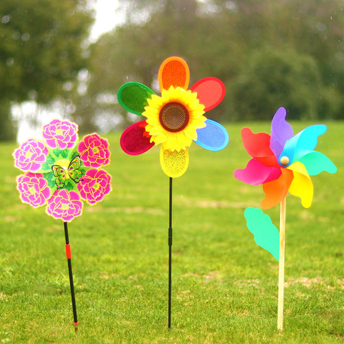 Hot selling children's cartoon windmill plastic double layer colorful sunflower windmill traditional windmill outdoor toys wholesale
