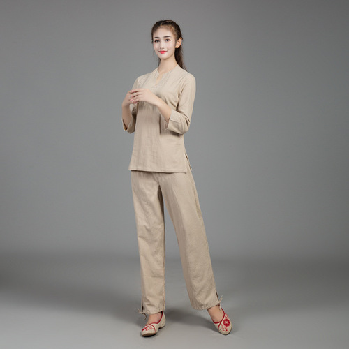 Fitness cotton and linen yoga outfit, monastic attire for meditation and sitting, power visualization Tai Chi outfit, tea ceremony outfit set, one-piece drop shipping