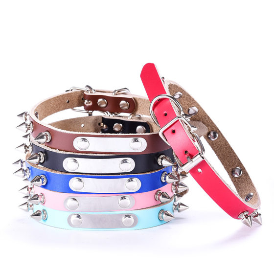 New bullet nail laser lettering pure leather pet collar punk dog neck dog chain factory direct sales