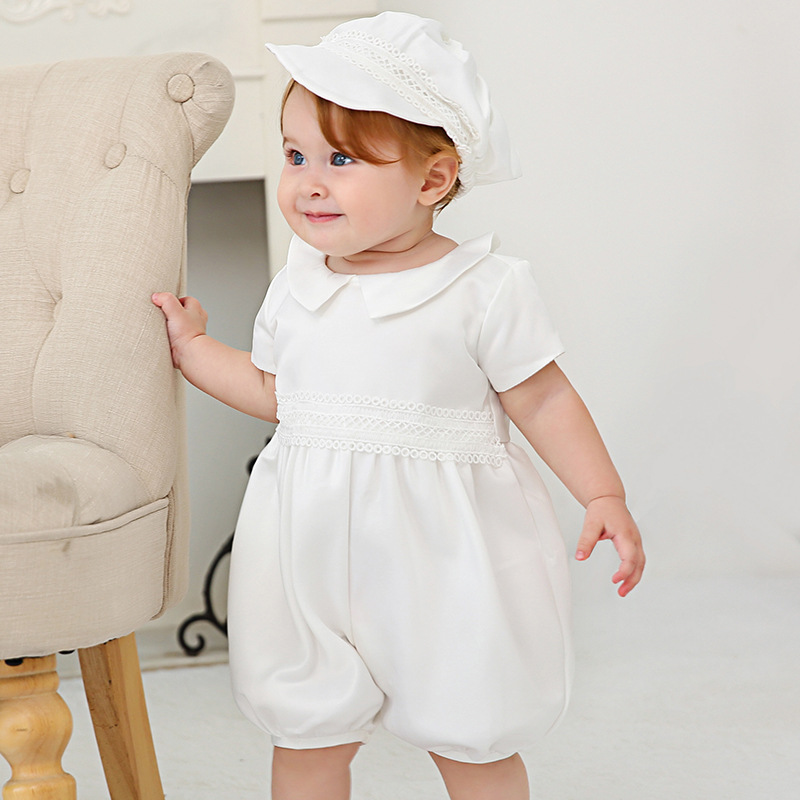 欧洲洗礼服男童婴儿童白色周岁满月摆酒连衣带帽子礼服两件套装
