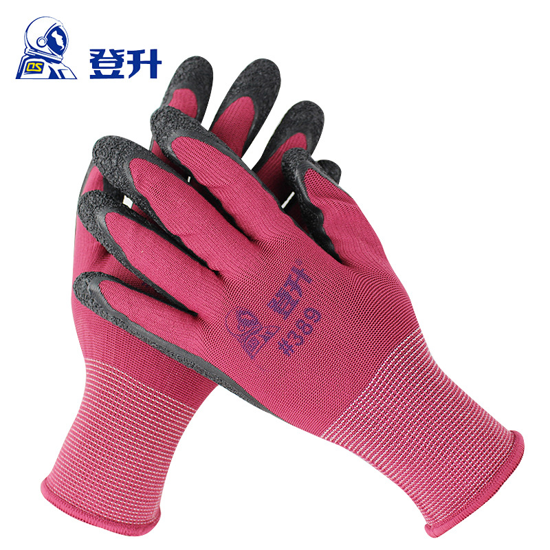 登升#389劳保手套浸胶 尼龙皱纹双层乳胶磨砂耐磨防滑防水手套