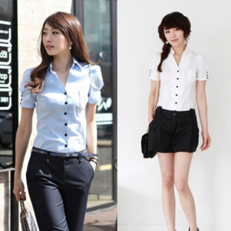 2023 여름 여성 의류 OL 전문 화이트 칼라 슬림 핏 여성용 셔츠 반팔 전문 셔츠 학생 작업복 원피스