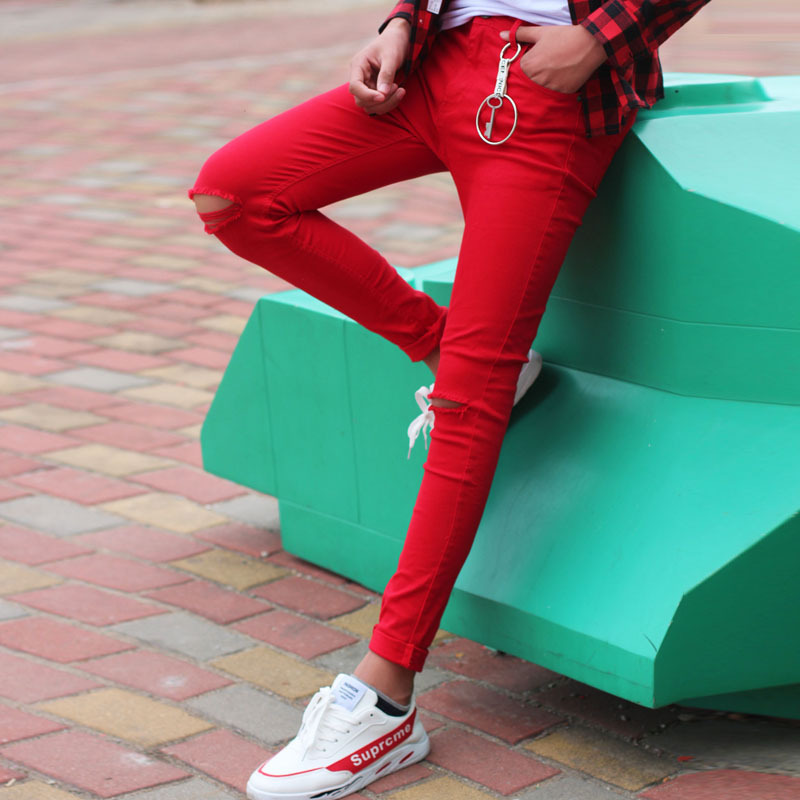 Spring Slim Trendy Red Casual Pants Men's Korean Style Pure Cotton Stretch Student Small Feet Nine-Point Pants Dropshipping