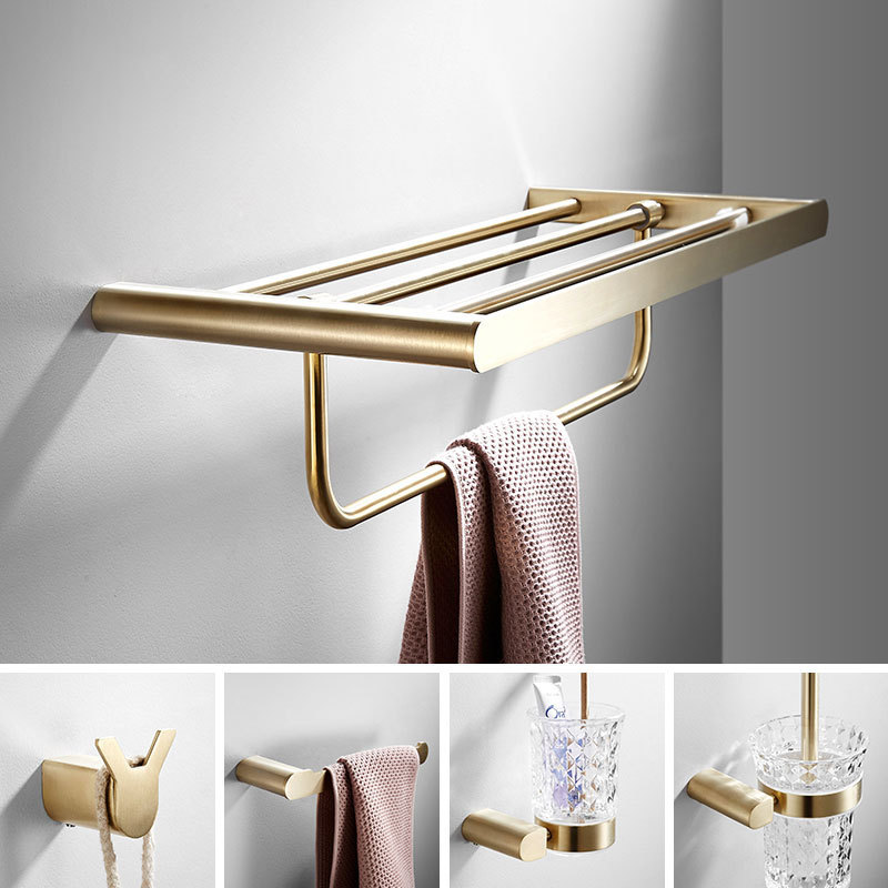 Scandinavian Brushed Brass Gold Towel Rack 304 Stainless Steel Storage Rack Bathroom Hardware Pendant Set Scandinavian Brushed Brass Gold Towel Rack 304 Stainless Steel Storage Rack Bathroom Hardware Pendant Set