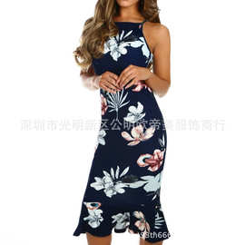 2025亚马逊速卖通数码印花吊带荷叶边连衣裙短袖