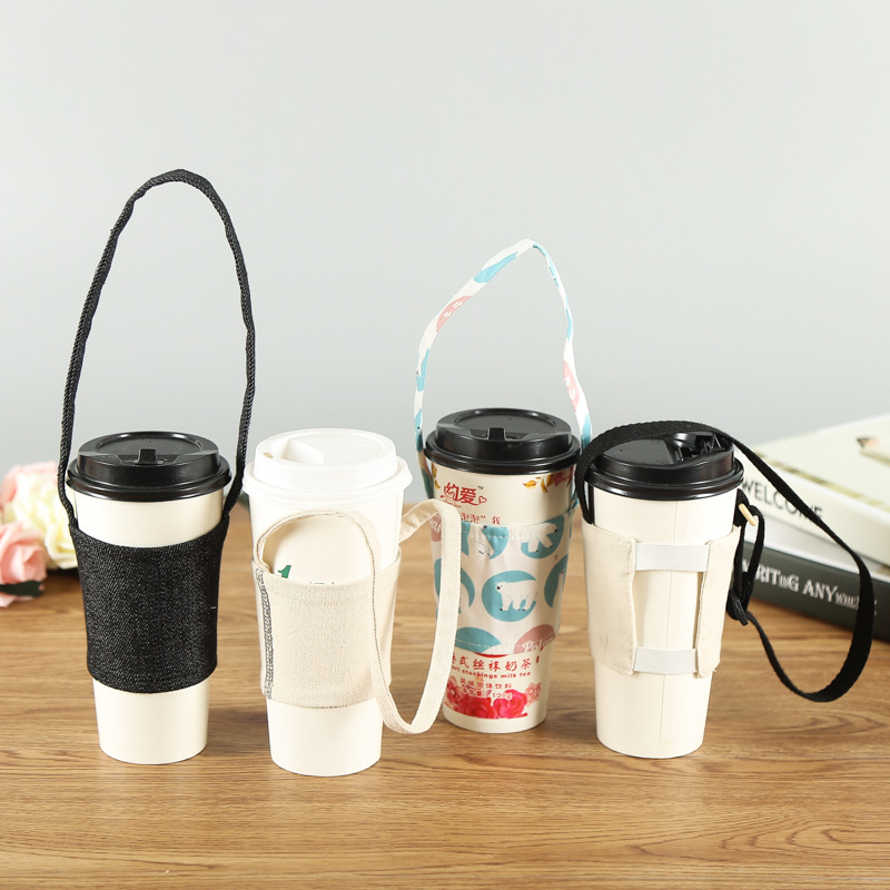 批发咖啡奶茶隔热防烫打包袋棉布帆布手摇袋饮料杯套提袋定制logo