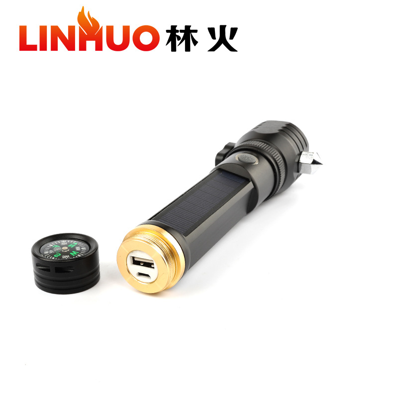 Transfronterizo nuevo solar multifunción fuerte luz de carga de emergencia martillo de seguridad cola brújula linterna