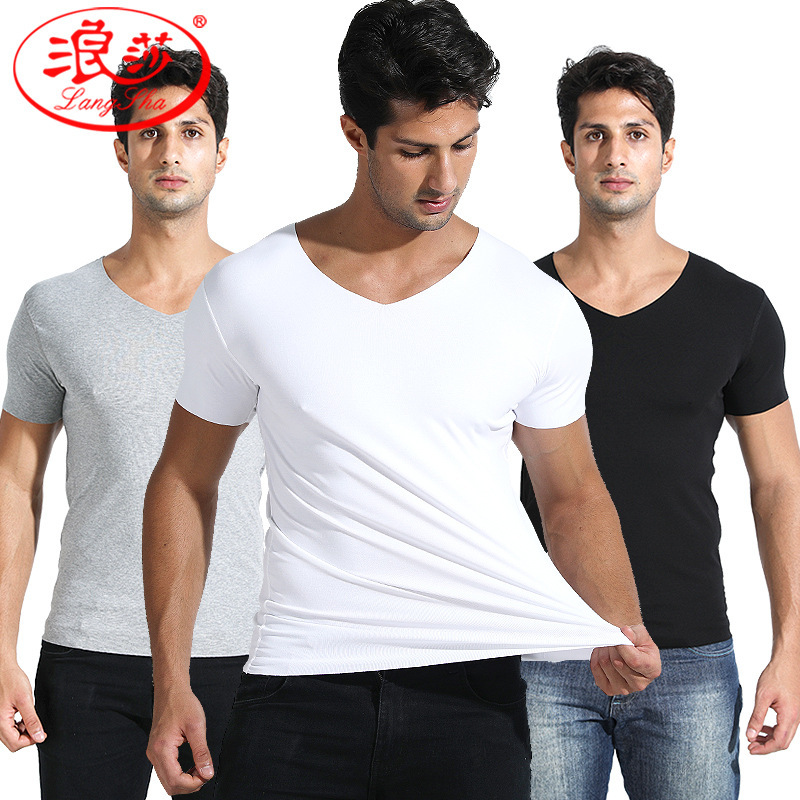 Langsha Men's Seamless Short-Sleeved White Thin Slim-Fit V Neck Sports Bottoming Sweatshirt Modal T-Shirt Men's Business Slim Fit