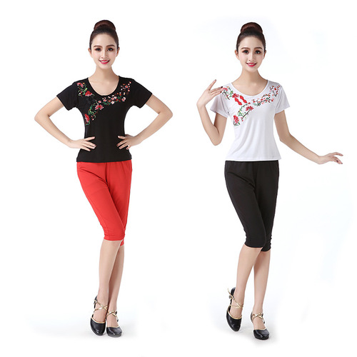 Square dance clothing slim fit top modal round neck embroidered short sleeve long sleeve women's modern dance wide leg pants spring