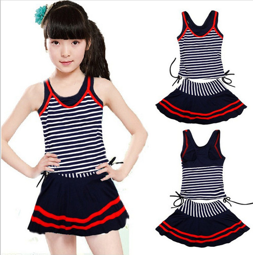 Bikini European and American fashion navy style one-piece stylish blue striped swimsuit for big children