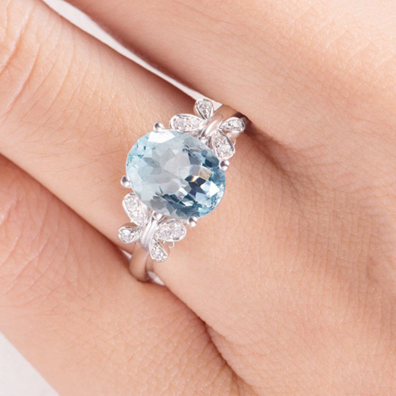European and American Fashion Natural Topaz Butterfly Ring Women Oval Aquamarine Engagement Ring Flower Vintage