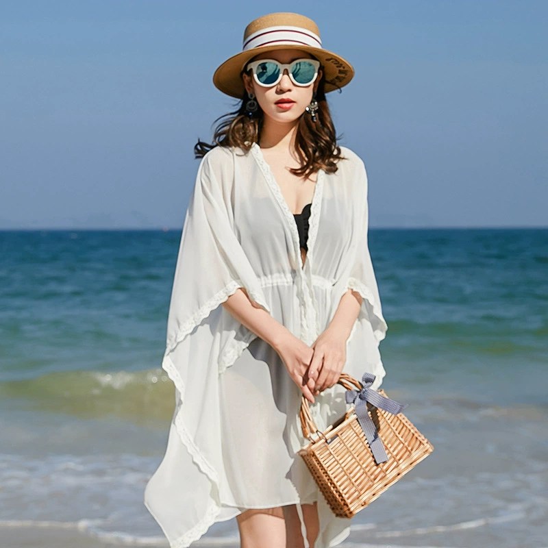Пляжный кружевной кардиган для отпуска на море, шифоновая Солнцезащитная блузка с внешней стороны, свободная шаль с кондиционером, женское летнее пальто
