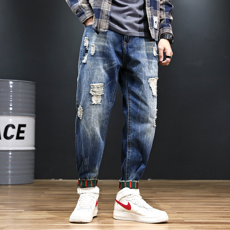 2022 summer New plus size cropped harem pants men's fashion brand European and American ripped ankle-tied loose washed jeans
