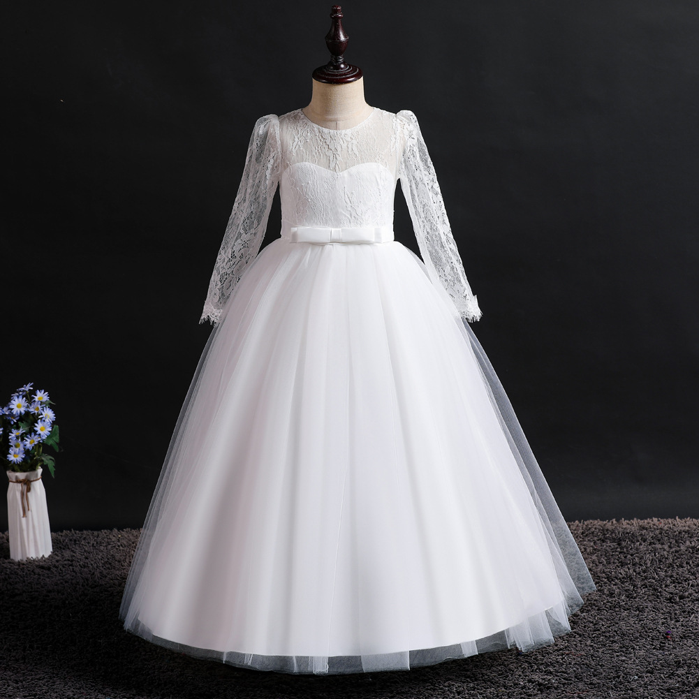 Xin'an Baihui vestido de las muchachas de manga larga de encaje puffy princesa vestido medio y grandes niños vestido de boda Vestido de acogida al por mayor