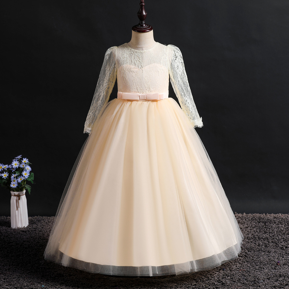 Xin'an Baihui vestido de las muchachas de manga larga de encaje puffy princesa vestido medio y grandes niños vestido de boda Vestido de acogida al por mayor