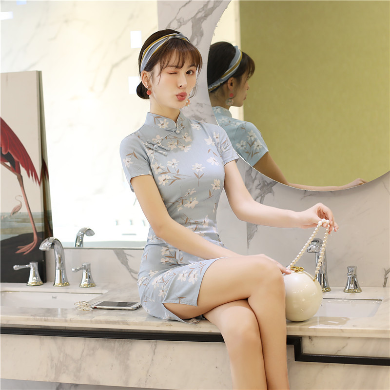 批发春季新款复古印花棉麻短旗袍 日常时尚改良民族风棉麻旗袍