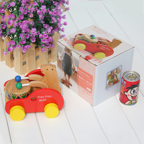 Beech wooden bear drum car early education educational children's toy drag toddler toy pull car toy children.5