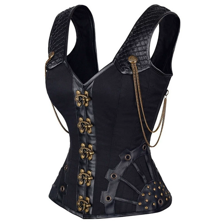 Gothic Steampunk Corset Top, steel-boned waist cincher with faux-leather accents and metal clasps