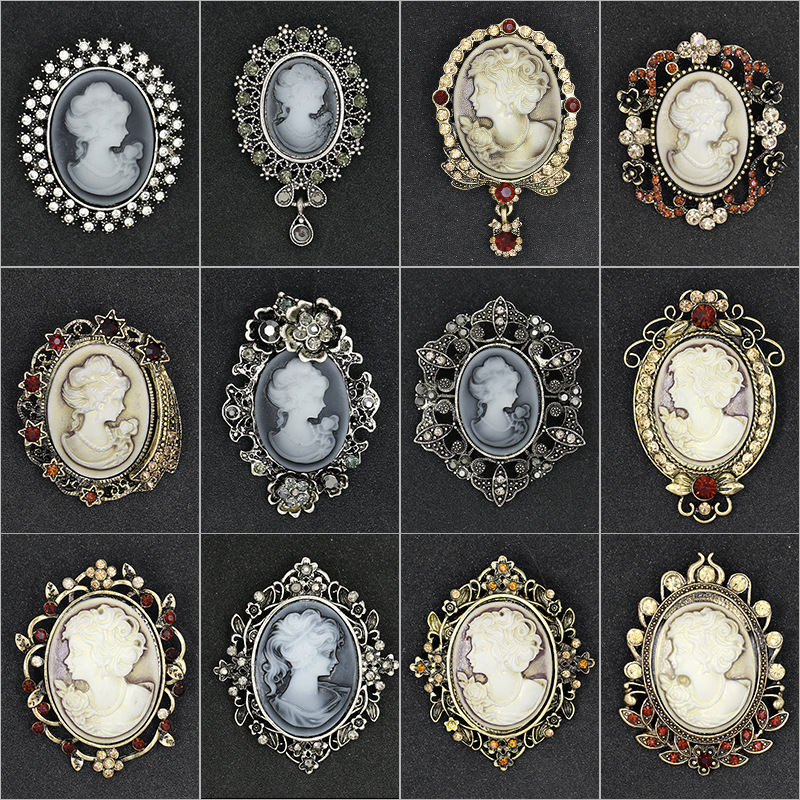 European and American fashion rhinestone beauty head brooch plating alloy retro corsage women's clothing accessories pin wholesale