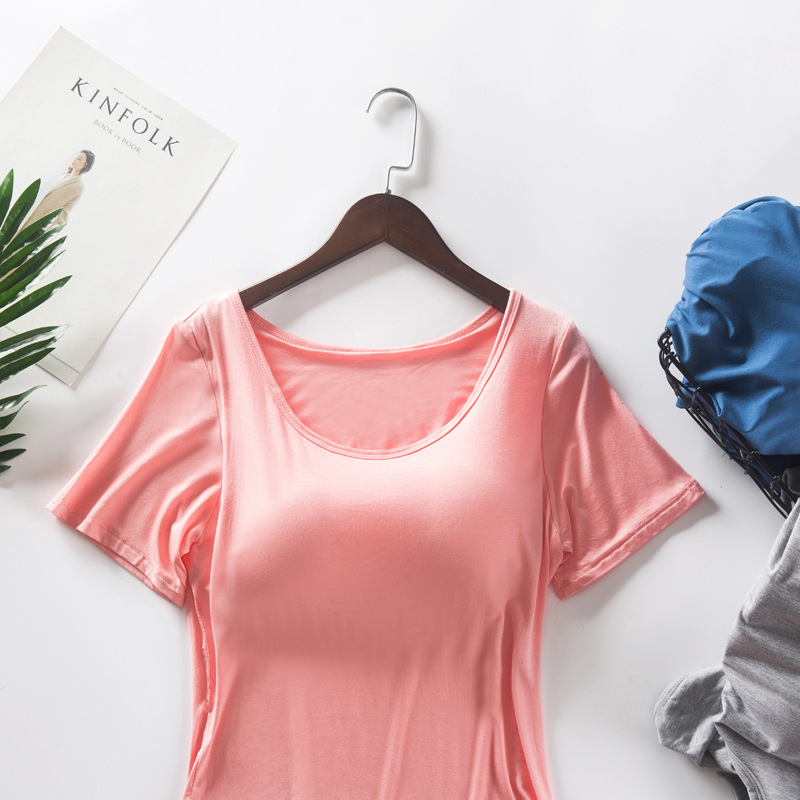モーダル胸パッド付きカップ半袖女性夏半袖tシャツ無料ブラジャー一体スポーツベストメーカー卸売り