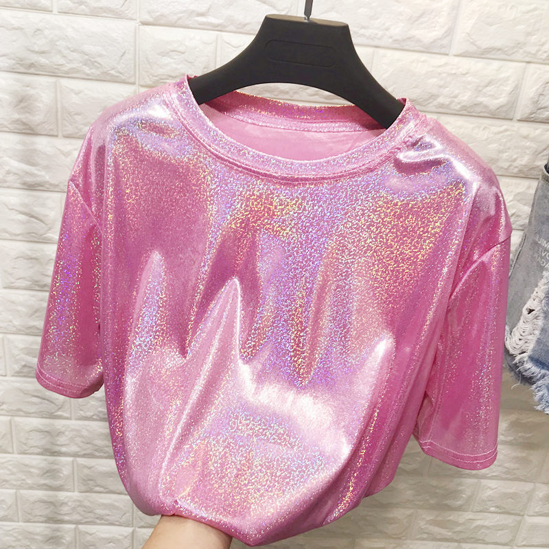 2026 Foreign Trade Wish Aliexpress Ebay Amazon Hot-Selling Loose-Fitting T-Shirt for Women with Shiny Reflective Short Sleeves Source of Supply