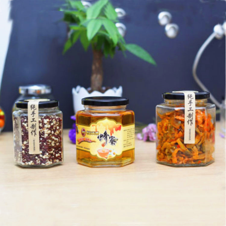 透明六棱蜂蜜瓶玻璃瓶六角酱菜罐头燕窝瓶带盖密封玻璃蜂蜜罐批发