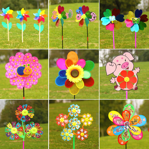 Hot selling children's cartoon windmill plastic double layer colorful sunflower windmill traditional windmill outdoor toys wholesale