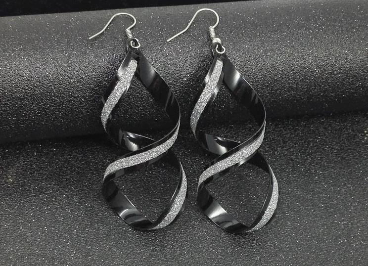 Earrings — European punk style, metallic twists and drops, gold/silver/black, lightweight
