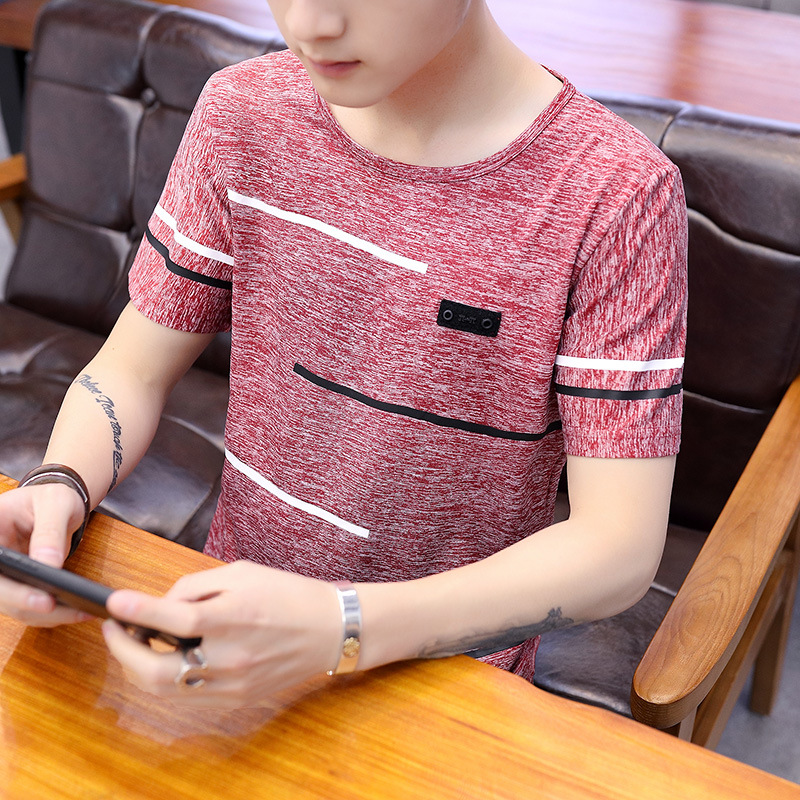 2023 nueva camiseta de manga corta de seda de hielo para hombre cuello redondo delgado más tamaño verano estilo coreano media manga transfronteriza