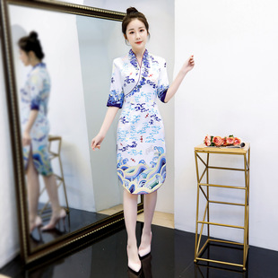 Spring and Summer 2020 New Printed Cheongsam Composite Mid-length Girl's Dress All-match Cheongsam