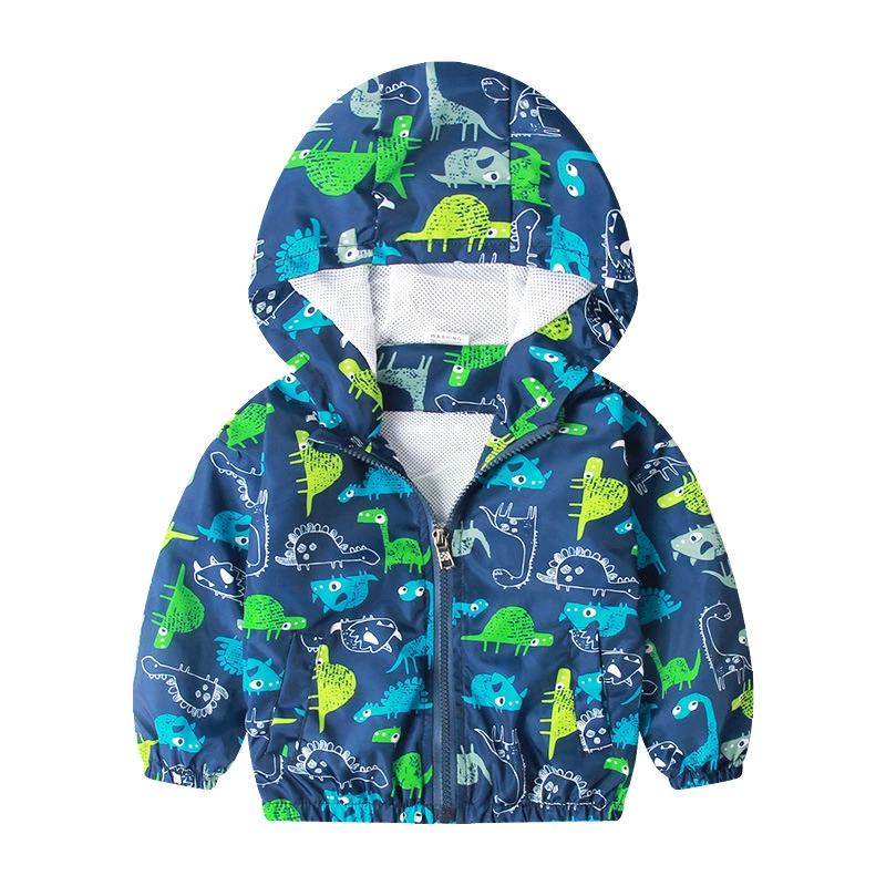 Children's Hooded Jacket Dinosaur Print, European Style, Zippered Windbreaker, Sizes 90–130
