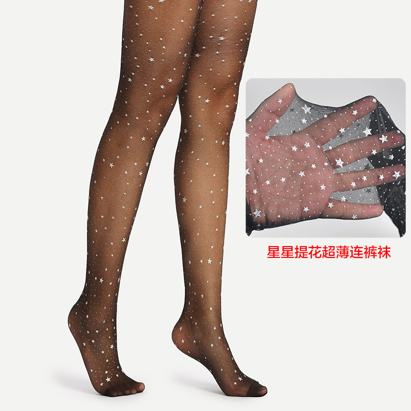 Korean style star pattern jacquard ultra-thin and sheer pantyhose, fashionable star pattern black pantyhose for women.