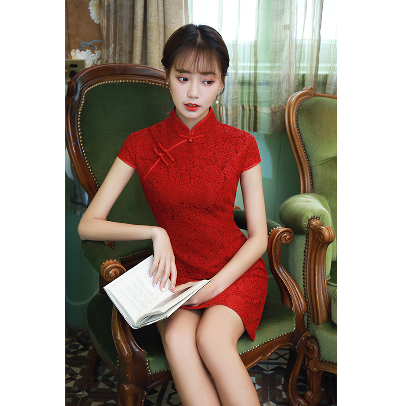 夏季红色蕾丝短款旗袍复古气质中国风新娘红妆敬酒服小个子连衣裙