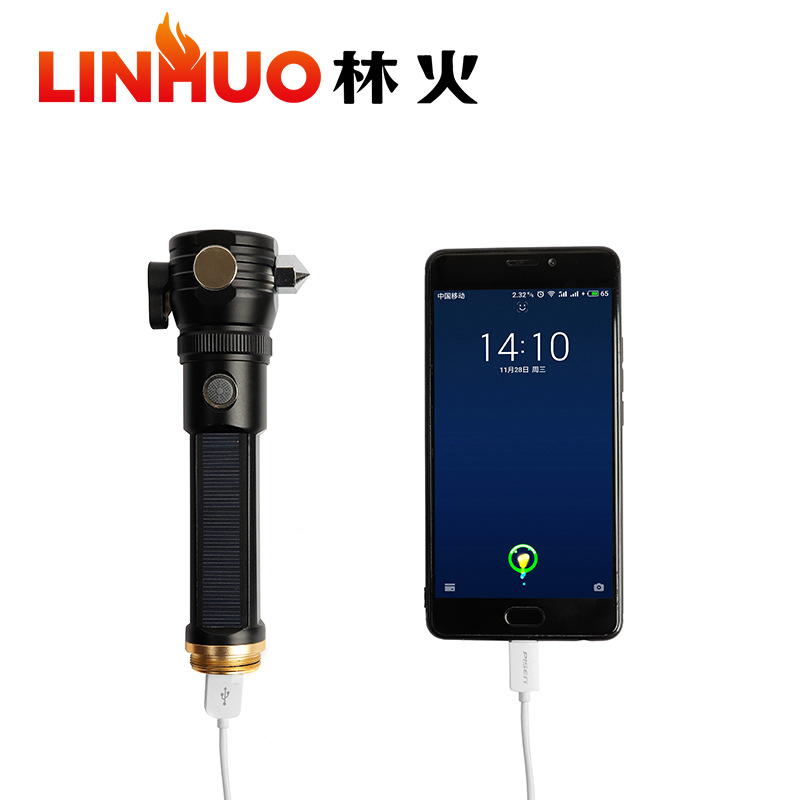 Transfronterizo nuevo solar multifunción fuerte luz de carga de emergencia martillo de seguridad cola brújula linterna