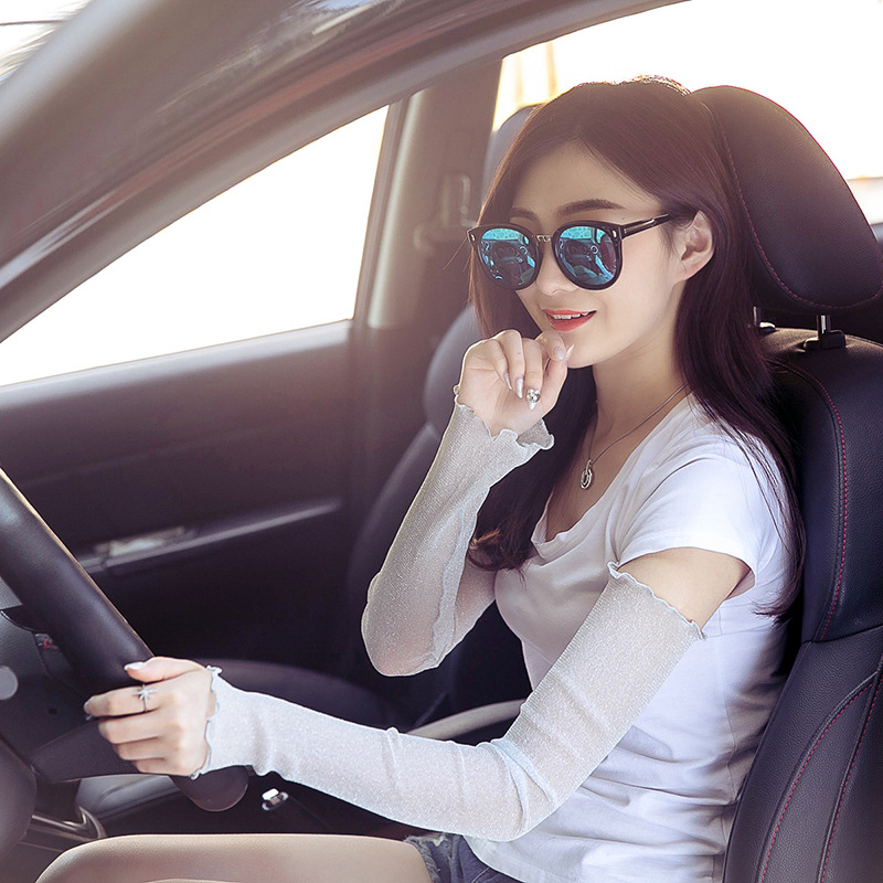 Over manga de protección solar de verano para mujer Protección solar de encaje Brazo de protección UV oversleeve color sólido oro y plata manga de seda cubierta de pie fabricante