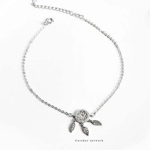 s925 sterling silver Korean CHIC dream catcher anklet, simple and elegant women's full diamond leaf foot ornament fashion jewelry