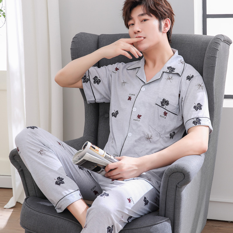여름 친환경 면 반팔 바지 남성 잠옷 캐주얼 가디건 격자 무늬 가정 의류 세트 도매