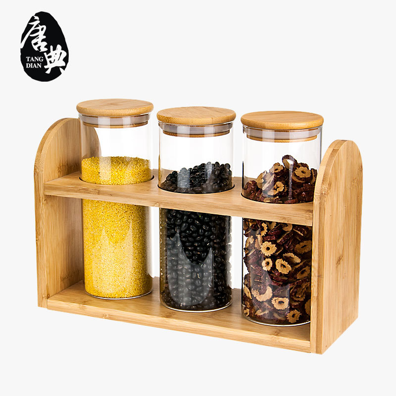 Fuente de la fábrica de granos de cocina almacenamiento frasco de vidrio tapa de madera de bambú sellada frasco de té perfumado frasco de almacenamiento de tres piezas