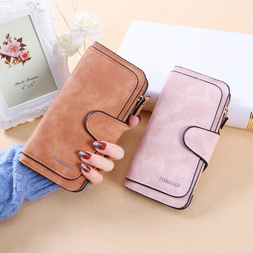 New Style Buckle Women's Korean Version Wallet 3/4 Size Fashion Women's Handbag Multi-Card Slot Women's Wallet Sanding Dual Color Fabric