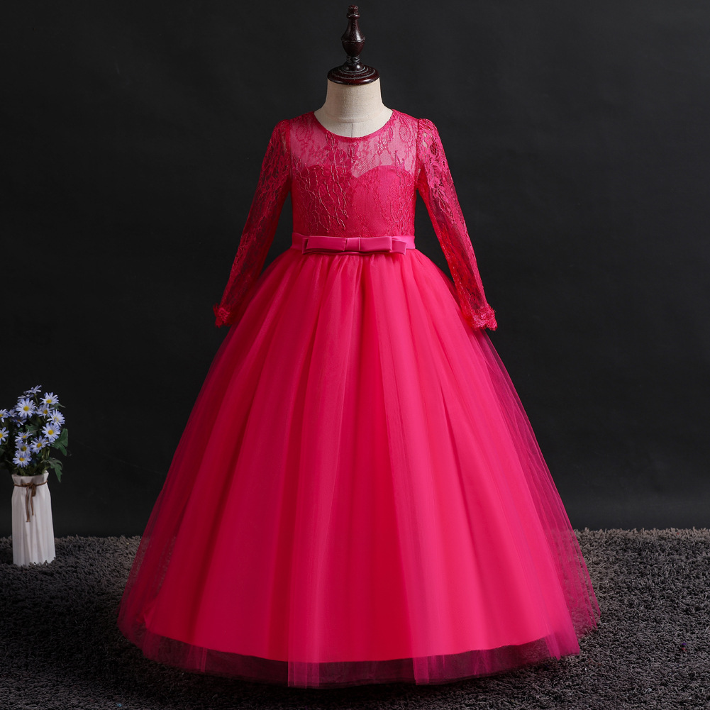 Xin'an Baihui vestido de las muchachas de manga larga de encaje puffy princesa vestido medio y grandes niños vestido de boda Vestido de acogida al por mayor