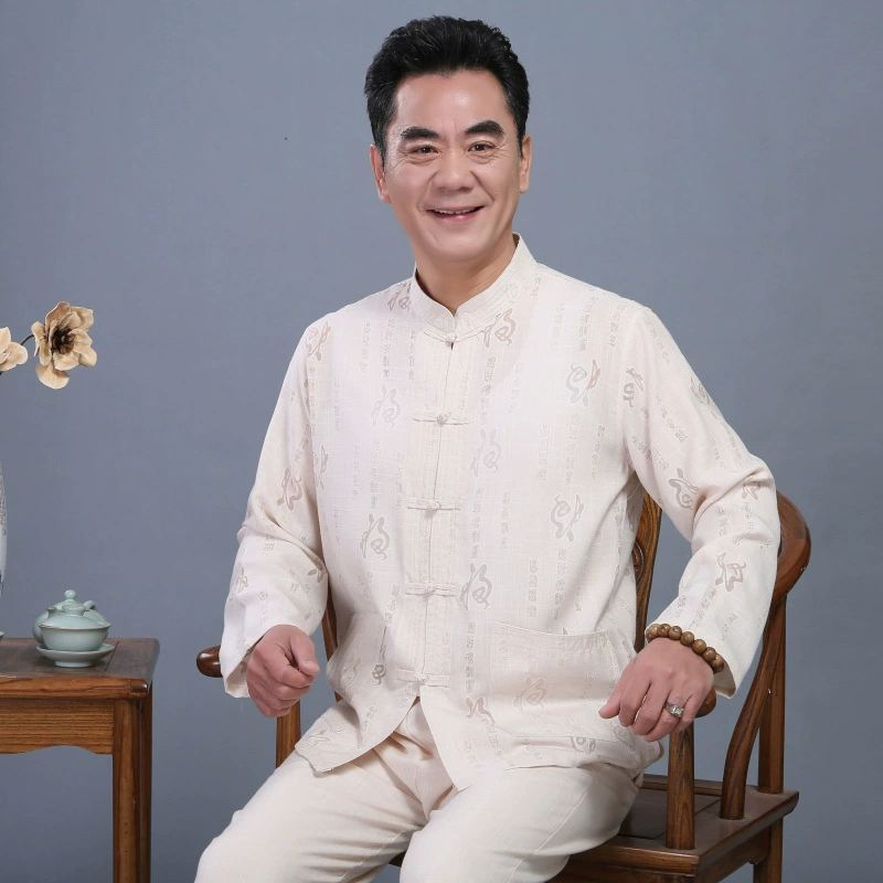 Льняной костюм Тан для среднего и пожилого возраста, костюм с длинными рукавами, мужской повседневный костюм в китайском стиле, Костюм тайцзи, костюм из хлопка и льна с пряжкой, антиквариат