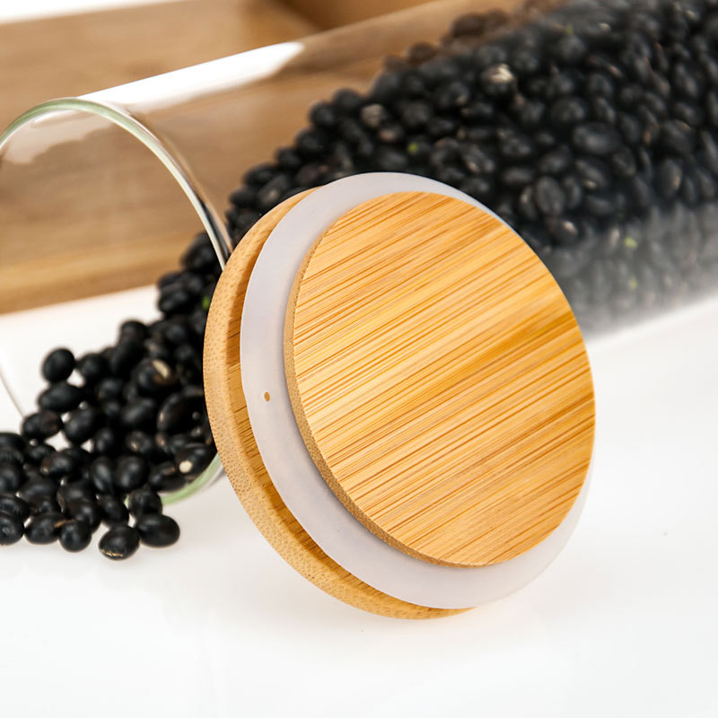 Fuente de la fábrica de granos de cocina almacenamiento frasco de vidrio tapa de madera de bambú sellada frasco de té perfumado frasco de almacenamiento de tres piezas