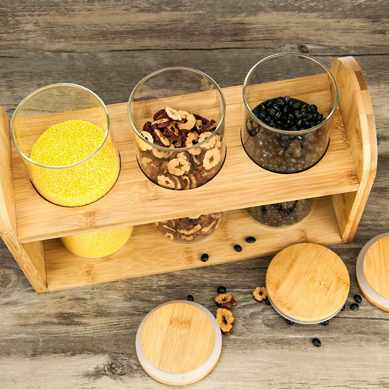 Fuente de la fábrica de granos de cocina almacenamiento frasco de vidrio tapa de madera de bambú sellada frasco de té perfumado frasco de almacenamiento de tres piezas