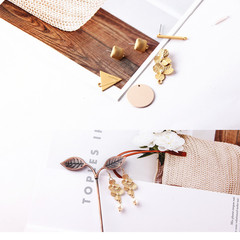 DIY耳環耳飾配件亞金色圓片珍珠花朵正方長三角形耳飾材料