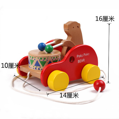 Beech wooden bear drum car early education educational children's toy drag toddler toy pull car toy children.5
