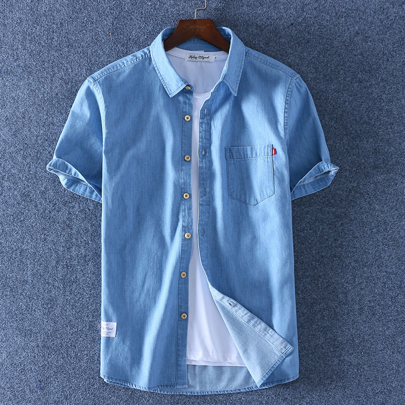 Washed Denim Shirt Men's Short-Sleeved Pure Cotton Summer Thin Loose Casual Top Men's Trendy Half-Sleeved Soft Shirt