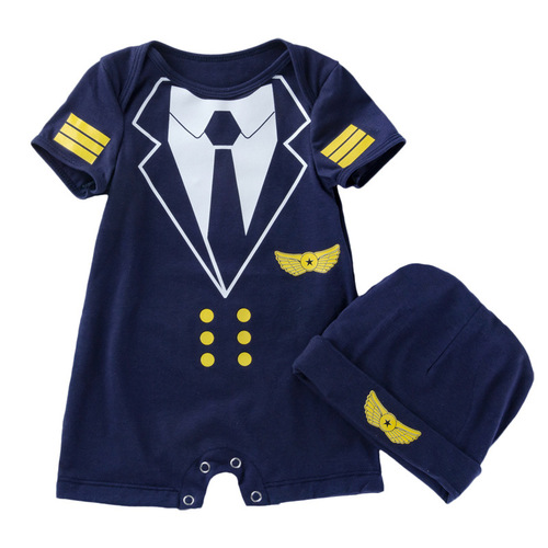 Baby's summer short-sleeve loose crawling onesie with hat, for boys, faux two-piece pilot uniform, wholesale