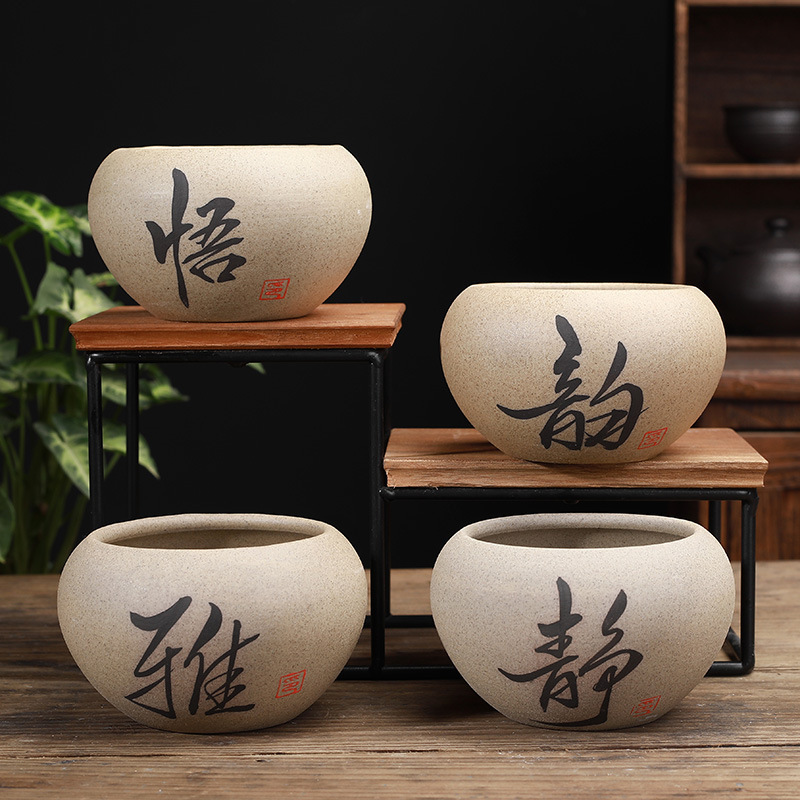 Simple ceramic fleshy flowerpot stoneware pot breathable desktop combination gardening support handwritten DIY