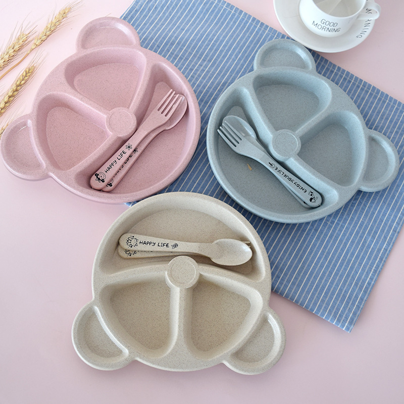 Wheat Straw Cartoon Kidsren's Divided Plate Kindergarten Student Bear Tableware Set 3-Piece Set Factory Direct Sale Wheat Straw Cartoon Kidsren's Divided Plate Kindergarten Student Bear Tableware Set 3-Piece Set Factory Direct Sale