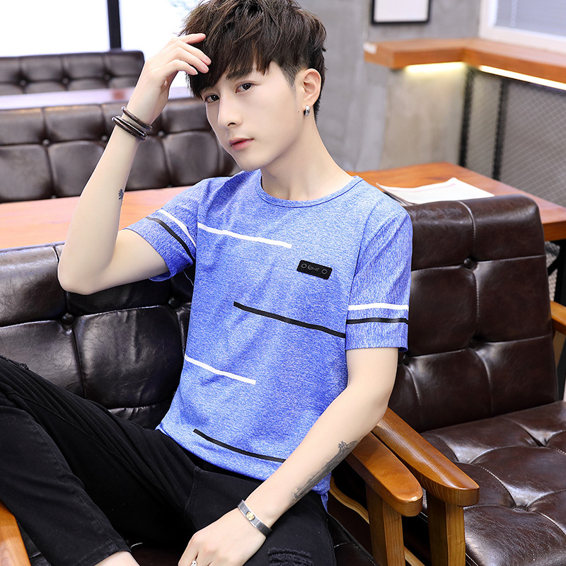 2023 nueva camiseta de manga corta de seda de hielo para hombre cuello redondo delgado más tamaño verano estilo coreano media manga transfronteriza